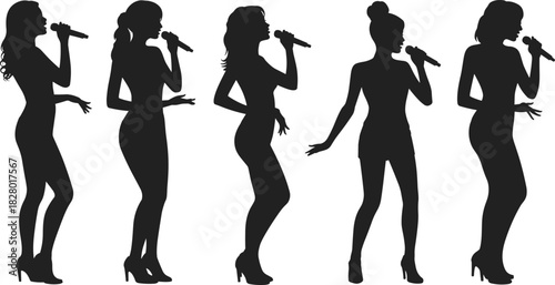 Black vector silhouettes of female singer holding microphone, performing music and songs, isolated on white background for concert event.