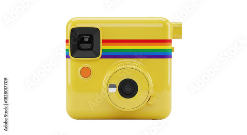 Картината върху платно Yellow toy camera with rainbow stripe isolated PNG, fun photography prop for kid