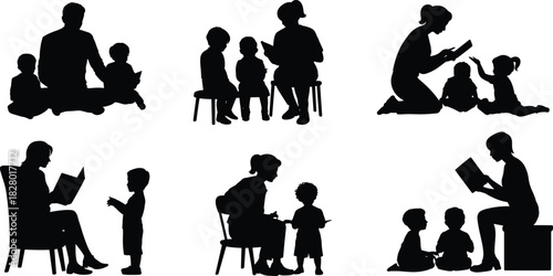 Black vector silhouettes of parents reading books to children, storytelling time, and family education moments, isolated on white background.