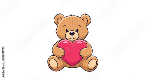 Sweet and lovable cartoon teddy bear sitting down while holding a big shiny red heart for valentine's day or an anniversary.