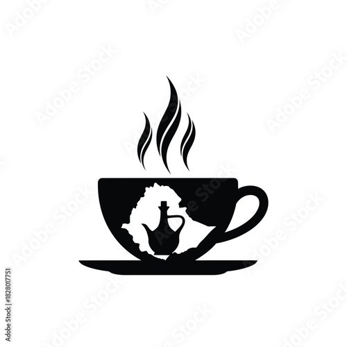 Black coffee cup silhouette with Ethiopia map and jebena