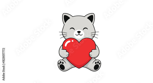 Cute and adorable gray cartoon cat sitting and hugging a big shiny red heart with a happy and content expression.