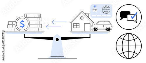 Scales compare stacks of money against house, car, and services. Includes chat bubble, globe, and interconnected graphics. Ideal for finance, economy, savings investment budgeting wealth simple