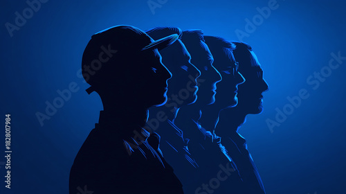 A line of worker's faces show strength, vision and perseverance. The profiles illuminate their resolve to innovate the future together.