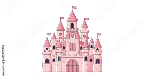 Beautiful pink princess castle with tall towers flags and heart-shaped windows in a magical fairy tale vector illustration.