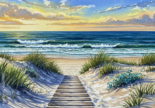 Serene watercolor painting of a sunlit beach path leading to the tranquil ocean waves at dawn