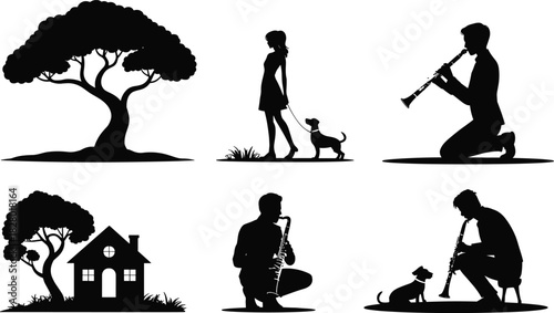 Peaceful nature, dog companionship, musical moments, tree and house scene, human interaction, relaxing lifestyle, outdoor harmony, silhouette art - flat vector illustration