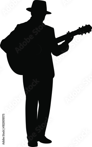 Silhouette, musician, guitar, acoustic, player, hat, suit, standing, performance, male, music, concert, folk, jazz, blues, retro, stylish, artistic, minimal, black - flat vector illustration