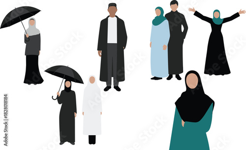 Modest clothing, cultural interaction, hijab fashion, family and community, traditional attire, social diversity, respectful poses - flat vector
