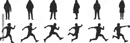 Standing and running poses, male silhouette, winter clothing, athletic motion, posture study, human movement contrast - flat vector illustration