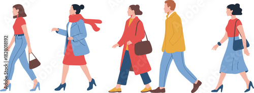 Stylish walking people, modern fashion, seasonal outfits, urban lifestyle, diverse clothing, silhouette movement, trendy accessories, cool weather wear - flat vector illustration