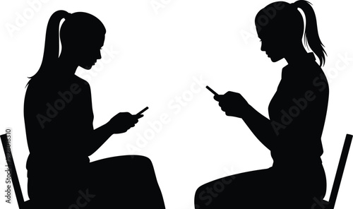 Modern communication, smartphone users, digital lifestyle, social disconnection, seated people, tech habits, silhouette concept, mobile engagement - flat vector illustration