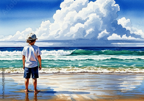 Vibrant watercolor artwork of a child observing the tranquil ocean from a sunny beach under a cloudy sky