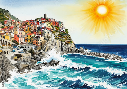 Vibrant watercolor painting of a picturesque European coastal village nestled on cliffs by the sparkling blue sea under a radiant sun