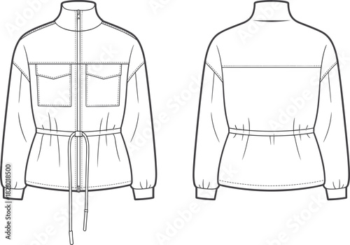 Belted jacket flat sketch front and back views with zippered front fashion design apparel