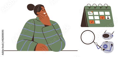 Thoughtful person considering events beside a calendar, robotic assistant, and magnifying glass. Ideal for planning, productivity, AI, reflection, efficiency, decision-making and time tracking
