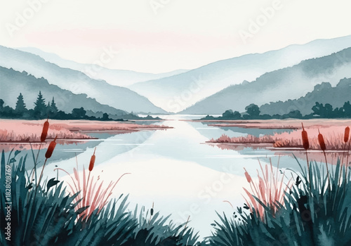 Tranquil Watercolor Landscape of Misty Peaks and Reflective Water with Foreground Grasses and Reeds