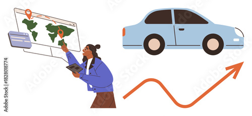 Woman interacts with map pinpointing locations, monitors travel plans digitally. Car design and growth arrow reflect navigation, mobility, progress. Ideal for travel, logistics, strategy, business