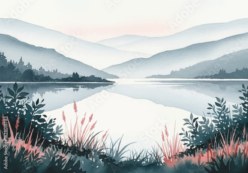 Tranquil watercolor painting of a majestic mountain range overlooking a placid, reflective lake scene
