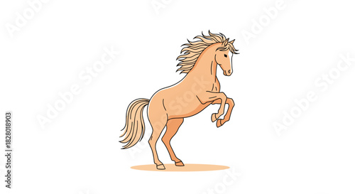 A powerful cartoon illustration of a majestic brown horse rearing up on its hind legs with a flowing mane isolated on white.