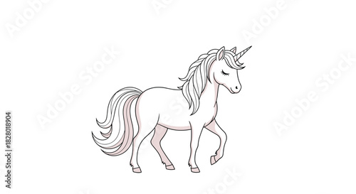 An elegant and graceful white unicorn with a beautiful pink and silver mane and tail walking gently in a mythical cartoon illustration.