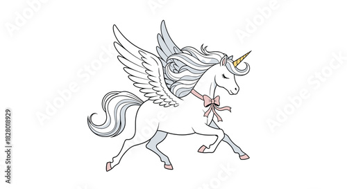A majestic and beautiful white pegasus with large feathered wings and a pink ribbon bow flying gracefully through the air.