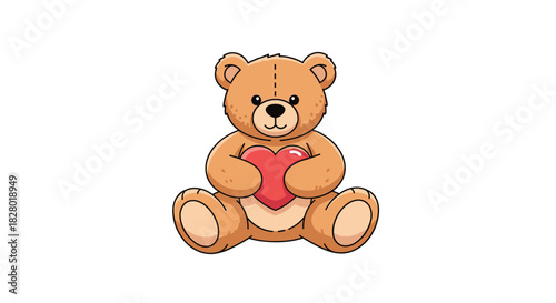 A very cute and fluffy brown teddy bear sitting patiently while holding a shiny red heart as a symbol of love and affection.