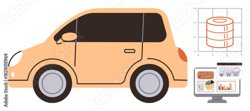 Compact car beside a monitor displaying analytics, graphs, and database. Ideal for data insights, technology, mobility, transport systems, digital innovation, vehicle tracking and smart solutions