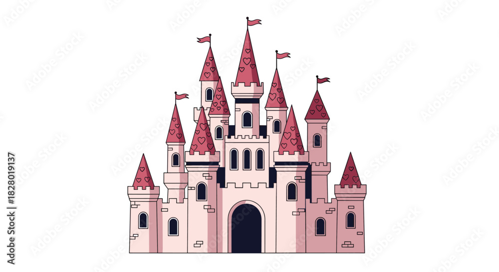 Fototapeta premium A beautiful and romantic pink fairytale princess castle with heart-shaped details on its towers and flags waving in the wind.