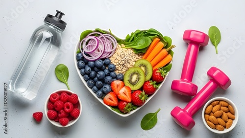 Healthy lifestyle concept with heart shaped bowl of nutritious foods