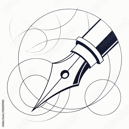 Elegant fountain pen nib with intricate geometric circular line art and abstract design elements symbolizing creativity and writing inspiration
