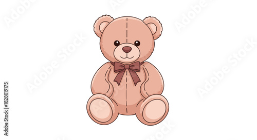 A classic and charming illustration of a brown teddy bear with detailed fur texture and a lovely dark brown ribbon bow.