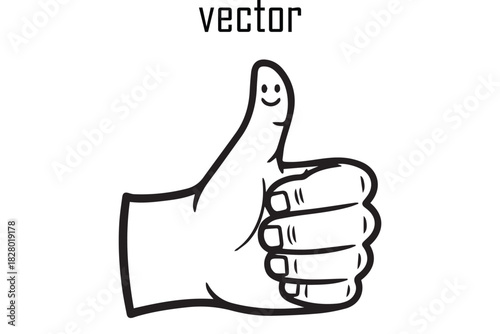 A simple black and white vector illustration of a hand giving a thumbs up gesture with a smiley face on the thumb conveying approval and positivity