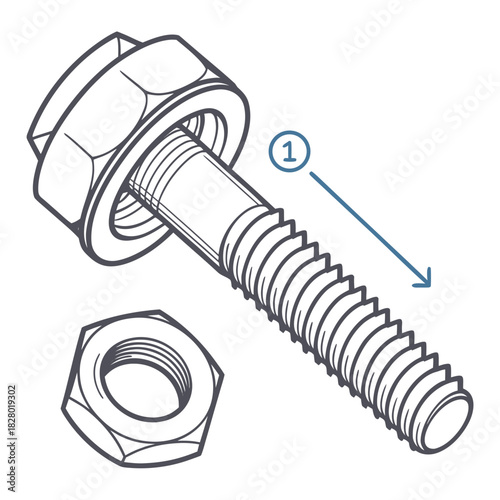 Detailed isometric illustration of a hexagonal bolt with a washer and a separate hexagonal nut highlighting threaded shaft and assembly components with a numbered indicator and directional arrow