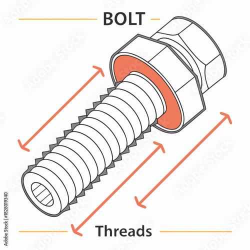 Detailed isometric illustration of a bolt with a nut and washer highlighting its threaded shaft and overall dimensions with orange arrows and labels