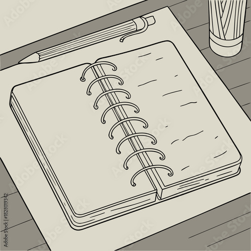 A simple line drawing of an open spiral bound notebook with a pencil resting on top and a pencil holder in the background on a wooden desk surface