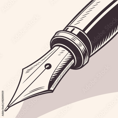 Close up detailed illustration of a vintage fountain pen nib with a dark brown ink and a light cream background with subtle shadow