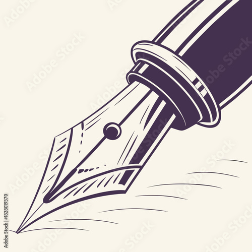 Close up of a vintage purple fountain pen nib with a split tip writing on a light cream background with subtle curved lines representing paper or ink flow