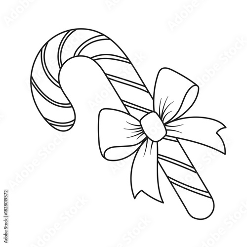 Outlined candy cane with ribbon bow. Minimal vector illustration ideal for coloring pages, Christmas stickers, cards, festive icons and holiday design.