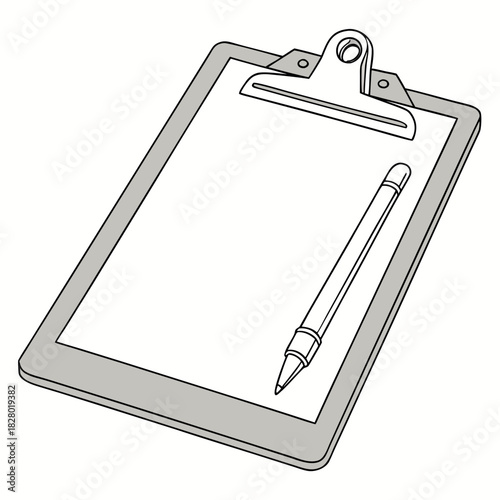 A clean simple and modern line art illustration of a gray clipboard with a blank white paper and a black pen resting on it isolated on a white background