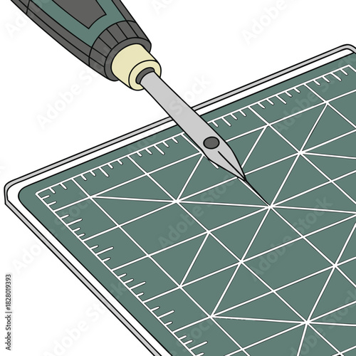 Close up illustration of a craft knife with a pointed blade held above a green cutting mat with a grid pattern and ruler markings for precision cutting and crafting projects