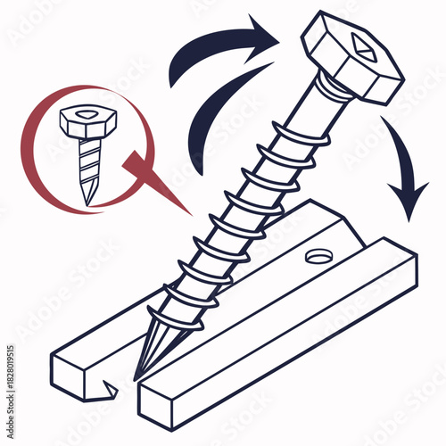 Illustration of a screw being inserted into two pieces of wood with directional arrows indicating rotation and a magnified view of the screw tip