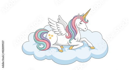Adorable winged unicorn with a pastel rainbow mane and tail resting peacefully on a soft blue cloud decorated with stars.