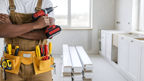 Professional handyman with drill ready to install new kitchen cabinets for a modern home renovation project, showcasing skilled craftsmanship and expertise