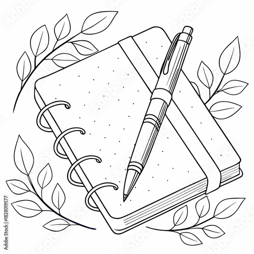 A minimalist black and white line art illustration of a dotted journal with a pen resting on top surrounded by delicate leafy branches perfect for creative projects and journaling