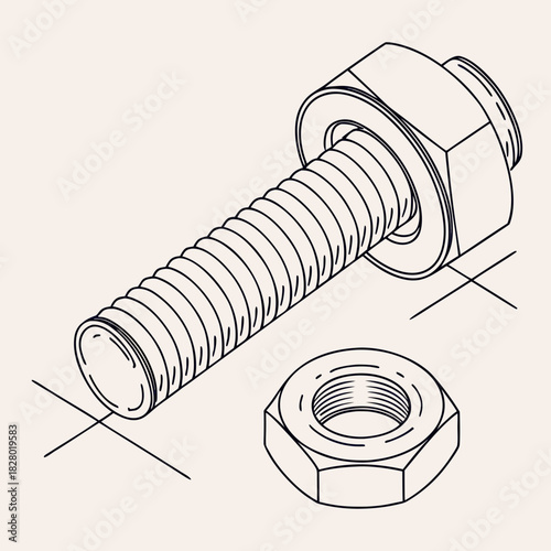 A detailed isometric line drawing illustration of a bolt with a nut attached and a separate nut showcasing their threaded components and hexagonal shapes against a plain background