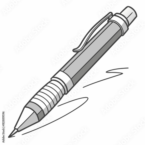 A simple clean and modern illustration of a gray mechanical pencil with a silver clip actively writing a sketch on a white background representing creativity and education