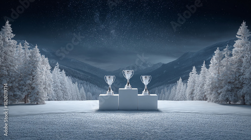 Podium with trophies amid a snow-covered forest, against a backdrop of majestic mountains and a starlit night sky. A place for champions!