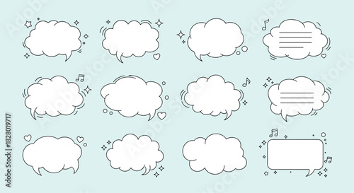 A whimsical collection of cute cloud-shaped speech bubbles in a doodle line art style decorated with sparkles stars and music notes.