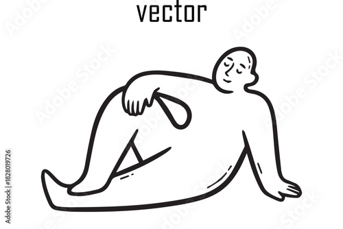 A simple line drawing vector illustration of a stylized plump and relaxed person lying down with their head resting on their arm and a gentle smile on their face conveying a sense of peace and comfort